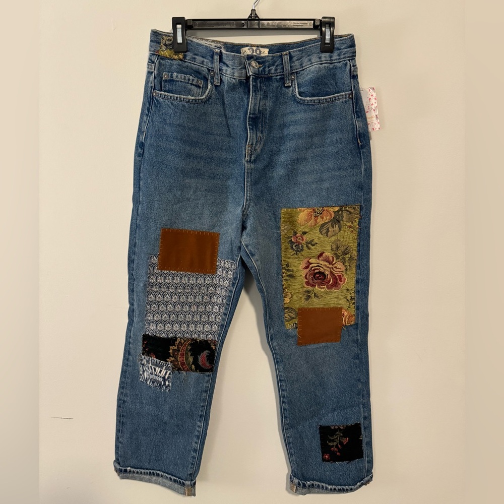 NWT Free People Patchwork Denim Jeans with Floral and Geometric Patterns
